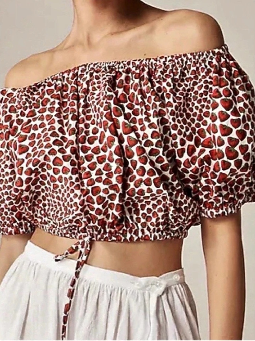 J.CREW Cinched-waist cropped top in strawberry swirl cotton poplin Red & White-S